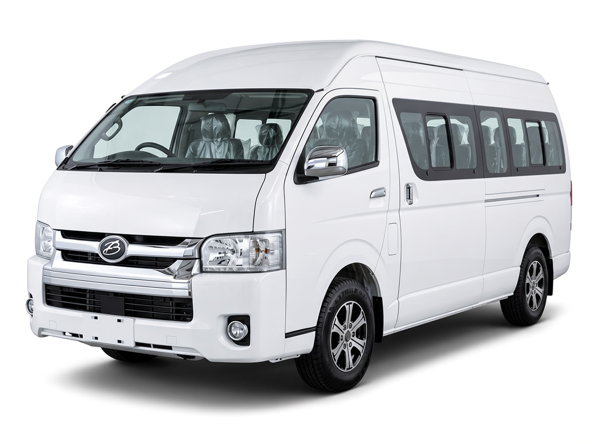 White Buckets dual-fuel CNG minibus, front view