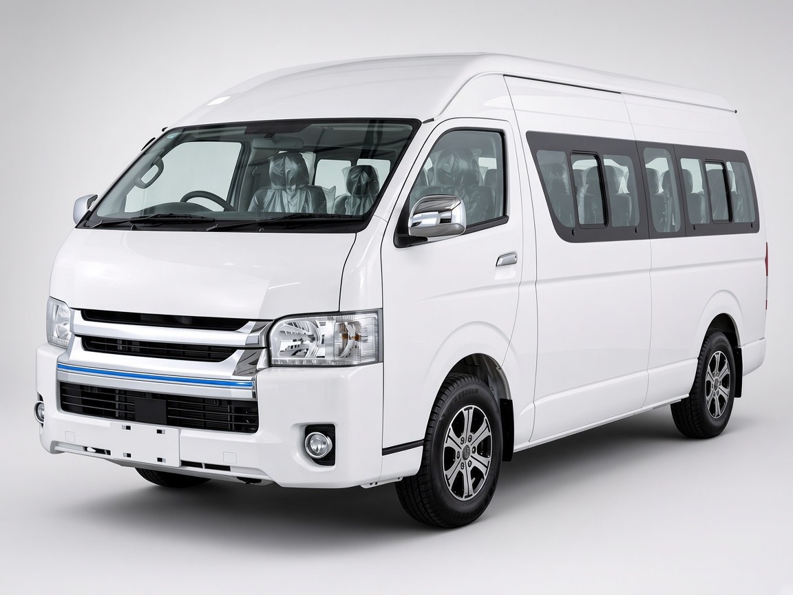 White Buckets battery electric minibus, front view